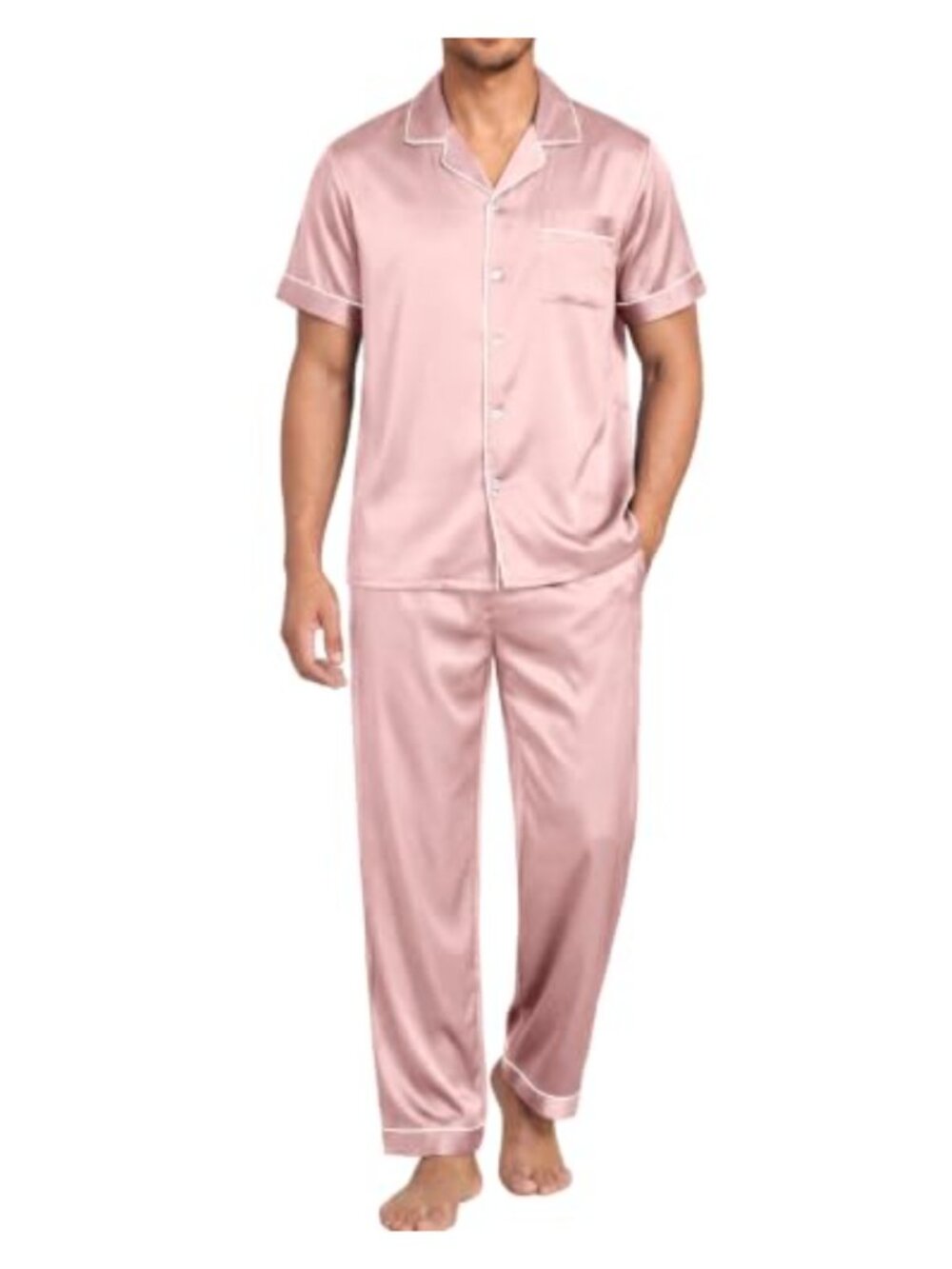 Satin Pajama Set Men Short Sleeve Button Down Sleepwear with Pants